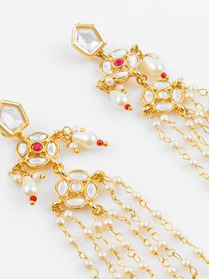 Kundan pearl long chain drop earrings 3