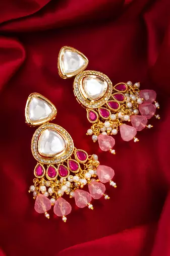 Pink kundan pearl chandbali earrings