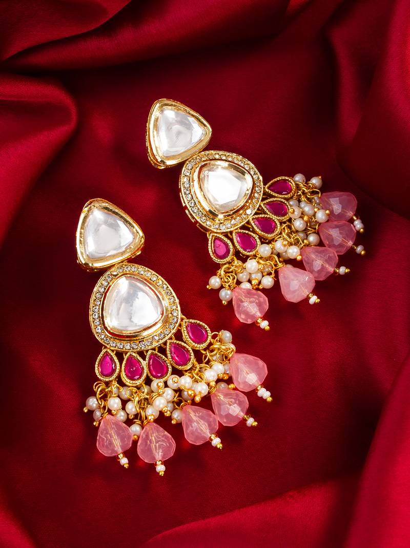 Pink kundan pearl chandbali earrings