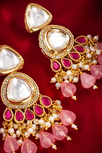 Pink kundan pearl chandbali earrings