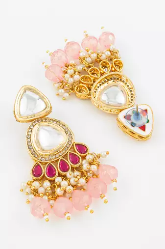 Pink kundan pearl chandbali earrings