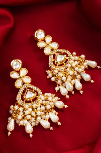 Kundan pearl cluster drop earrings