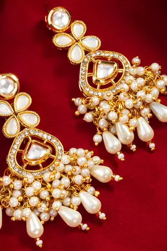 Kundan pearl cluster drop earrings