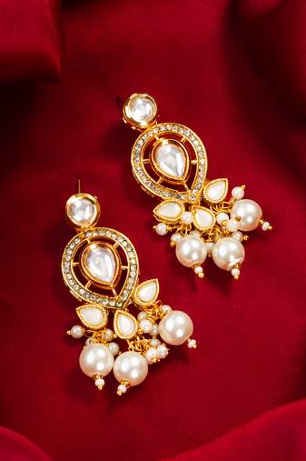 Kundan pearl cluster drop earrings