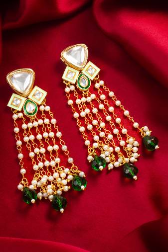 Green bead pearl long dangler earrings