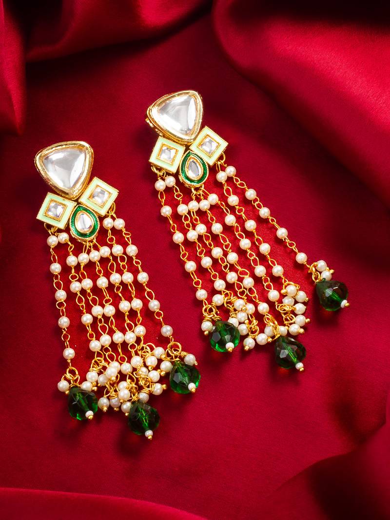 Green bead pearl long dangler earrings