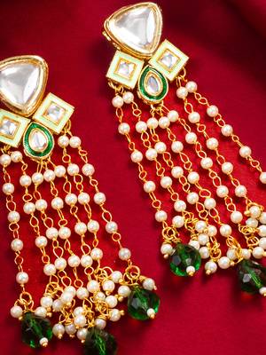 Green bead pearl long dangler earrings 2