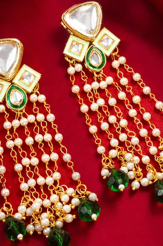 Green bead pearl long dangler earrings