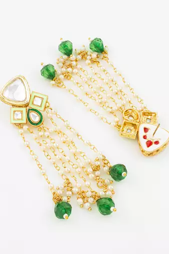 Green bead pearl long dangler earrings