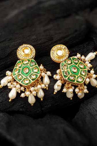 Green meenakari kundan drop earrings