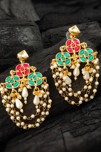 Red green pearl chandelier earrings