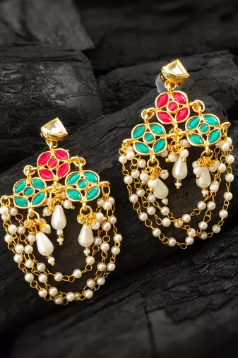 Red green pearl chandelier earrings
