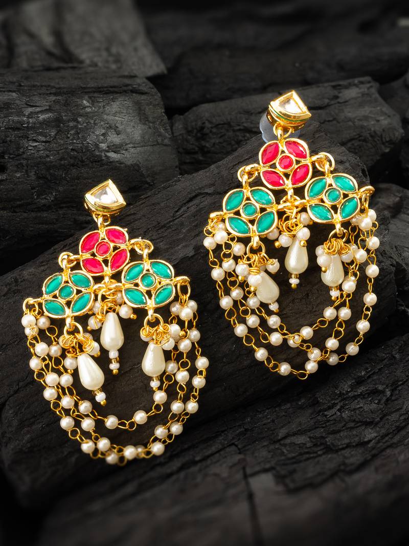 Red green pearl chandelier earrings