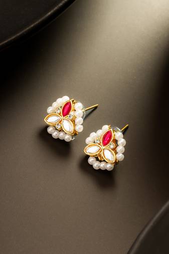 Red stone kundan pearl stud earrings