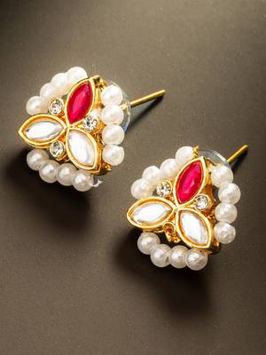 Red stone kundan pearl stud earrings 2