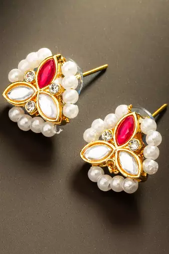 Red stone kundan pearl stud earrings