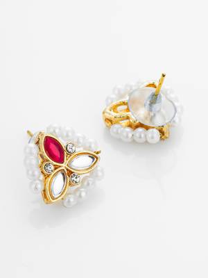 Red stone kundan pearl stud earrings 3