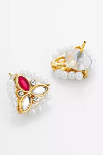 Red stone kundan pearl stud earrings