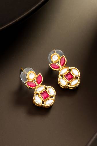 Red stone kundan drop earrings