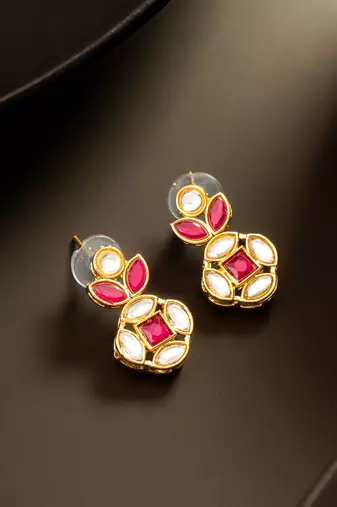 Red stone kundan drop earrings