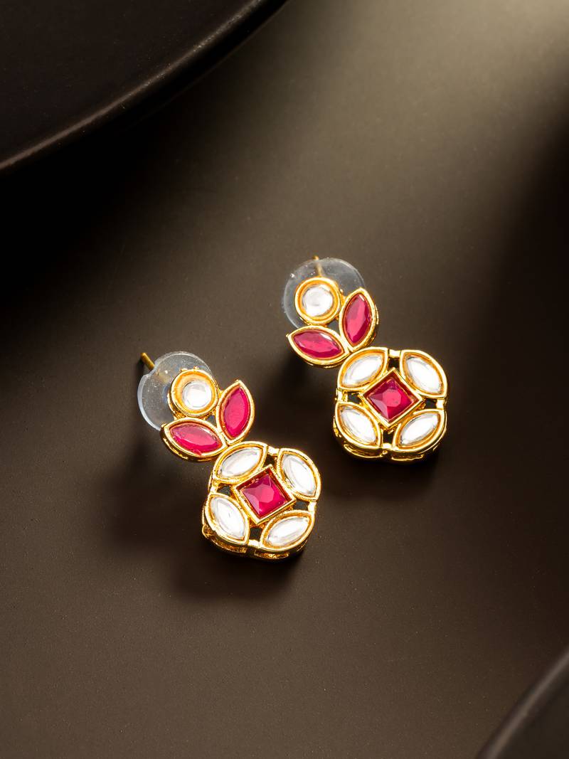 Red stone kundan drop earrings