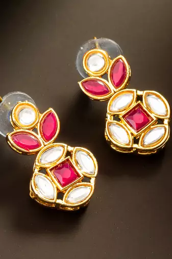 Red stone kundan drop earrings