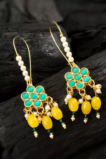 Green floral yellow bead hook earrings