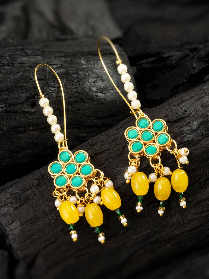 Green floral yellow bead hook earrings