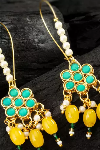 Green floral yellow bead hook earrings