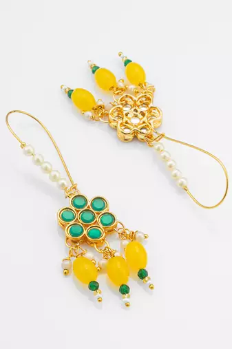 Green floral yellow bead hook earrings