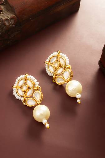 White kundan pearl drop earrings
