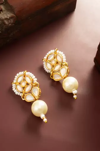White kundan pearl drop earrings