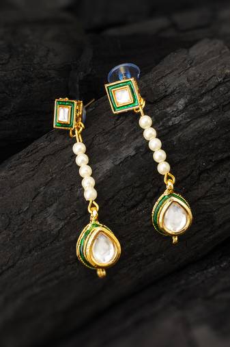 Green pearl kundan drop earrings