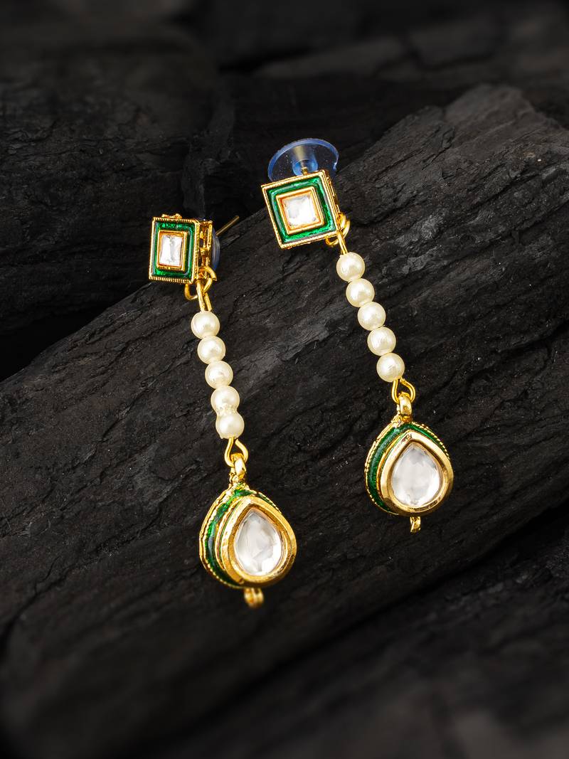 Green pearl kundan drop earrings