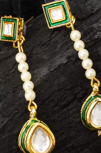 Green pearl kundan drop earrings