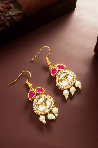 Red kundan pearl drop earrings