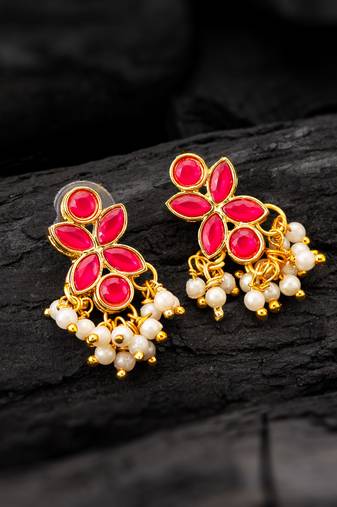 Pink floral pearl drop earrings