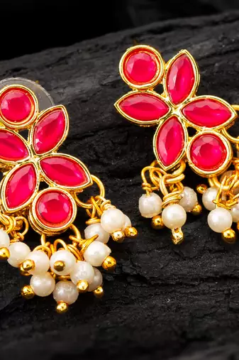 Pink floral pearl drop earrings