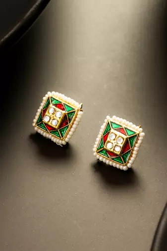 Green red kundan stud earrings