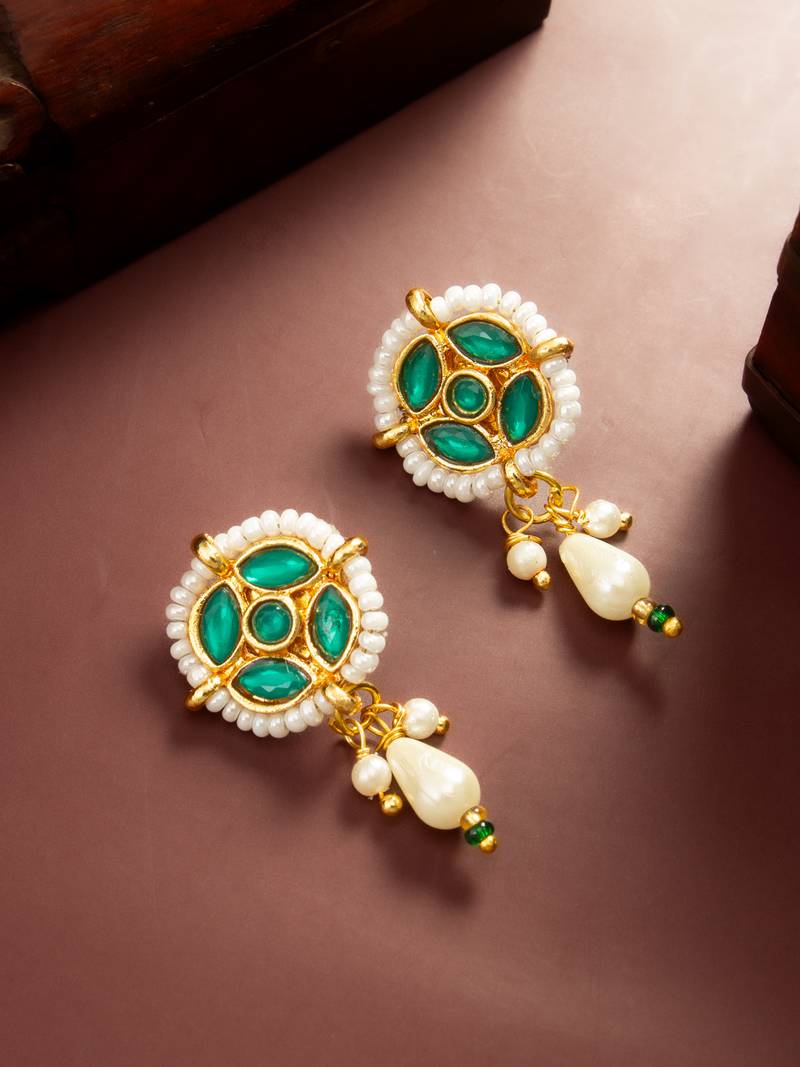 Green stone pearl drop earrings