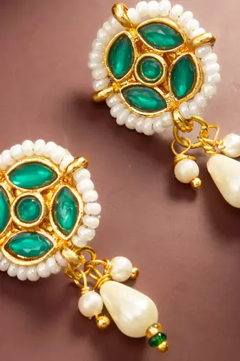 Green stone pearl drop earrings