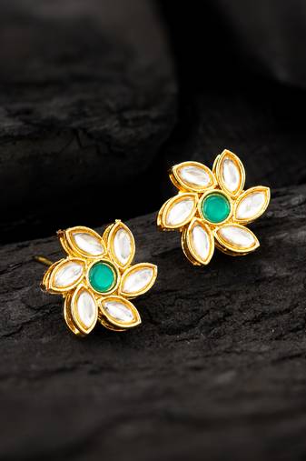 Green floral kundan stud earrings