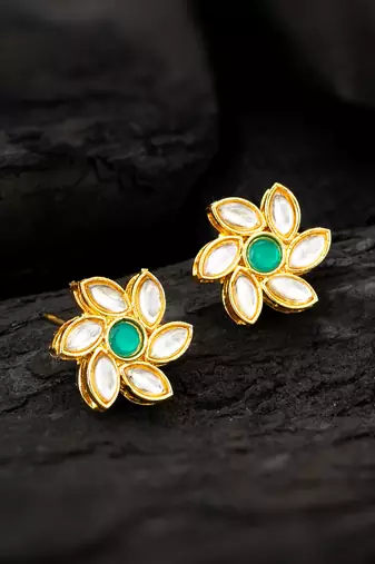Green floral kundan stud earrings