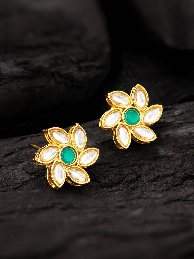 Green floral kundan stud earrings