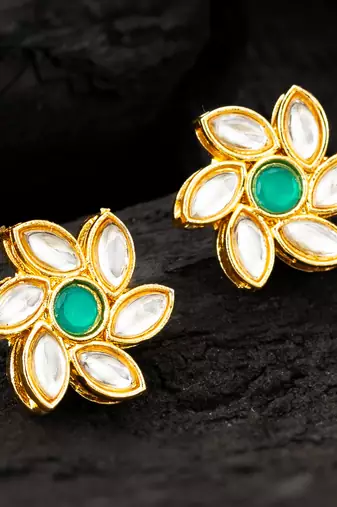 Green floral kundan stud earrings