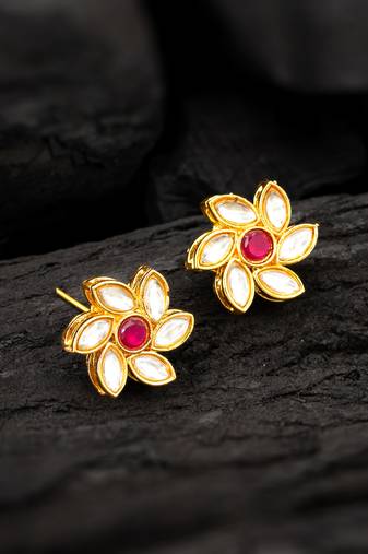 Pink floral kundan stud earrings