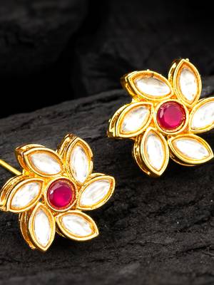 Pink floral kundan stud earrings 2
