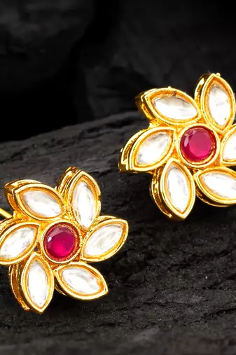 Pink floral kundan stud earrings