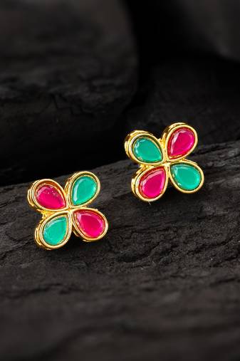 Pink green floral stud earrings