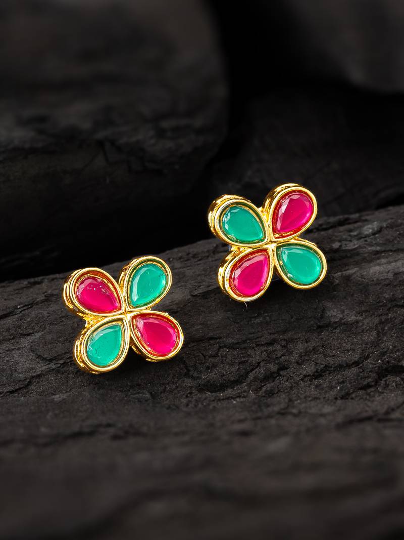 Pink green floral stud earrings